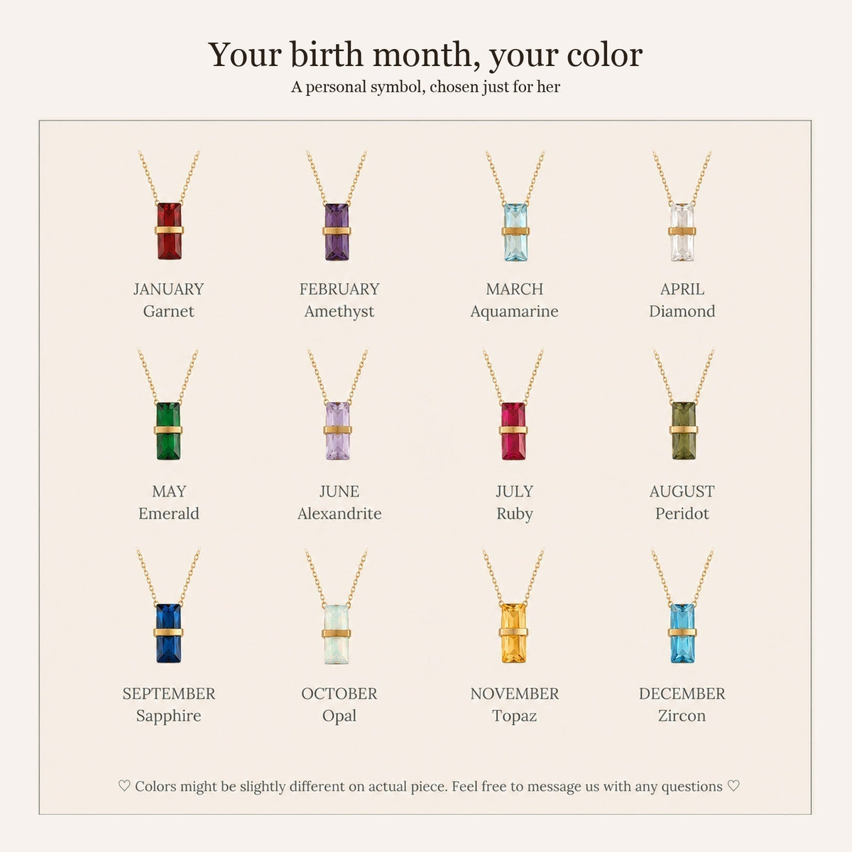 Birthstone of Grace Necklace — January to December color guide