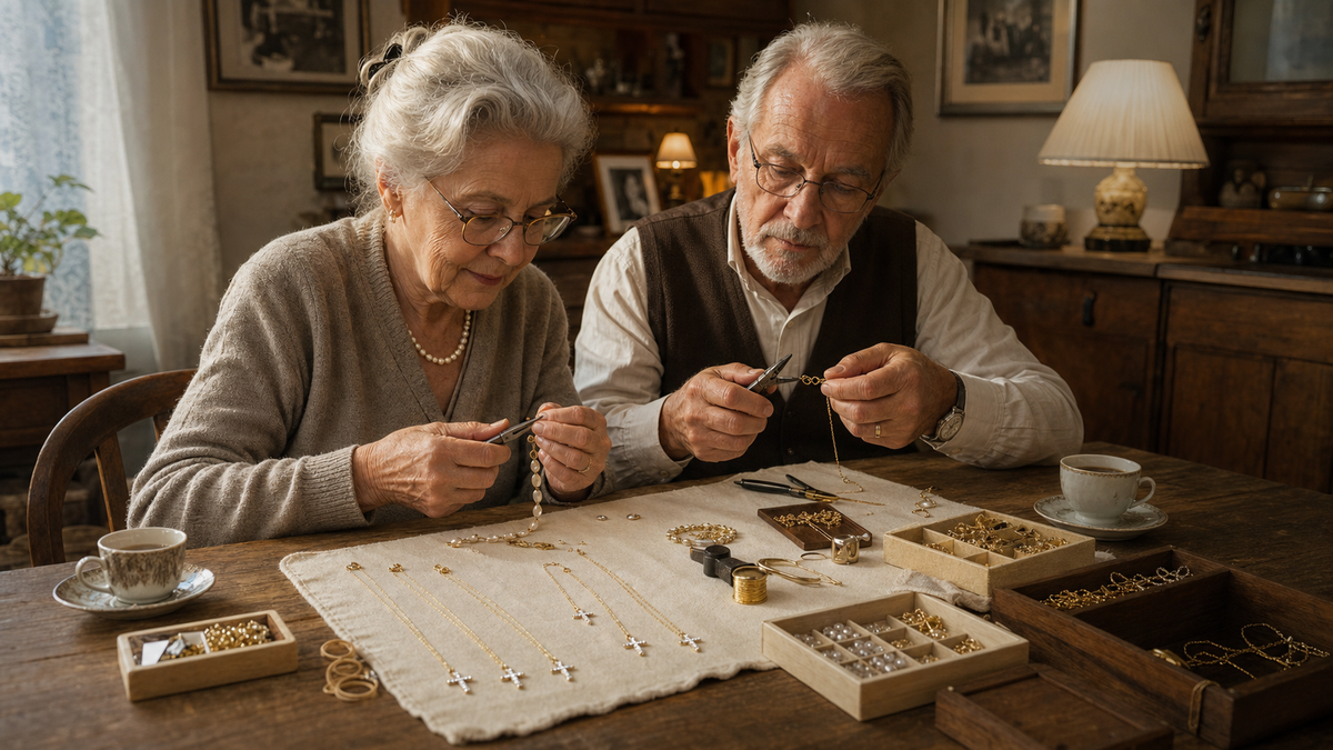 Older couple handcrafting faith-inspired jewelry at their dining table