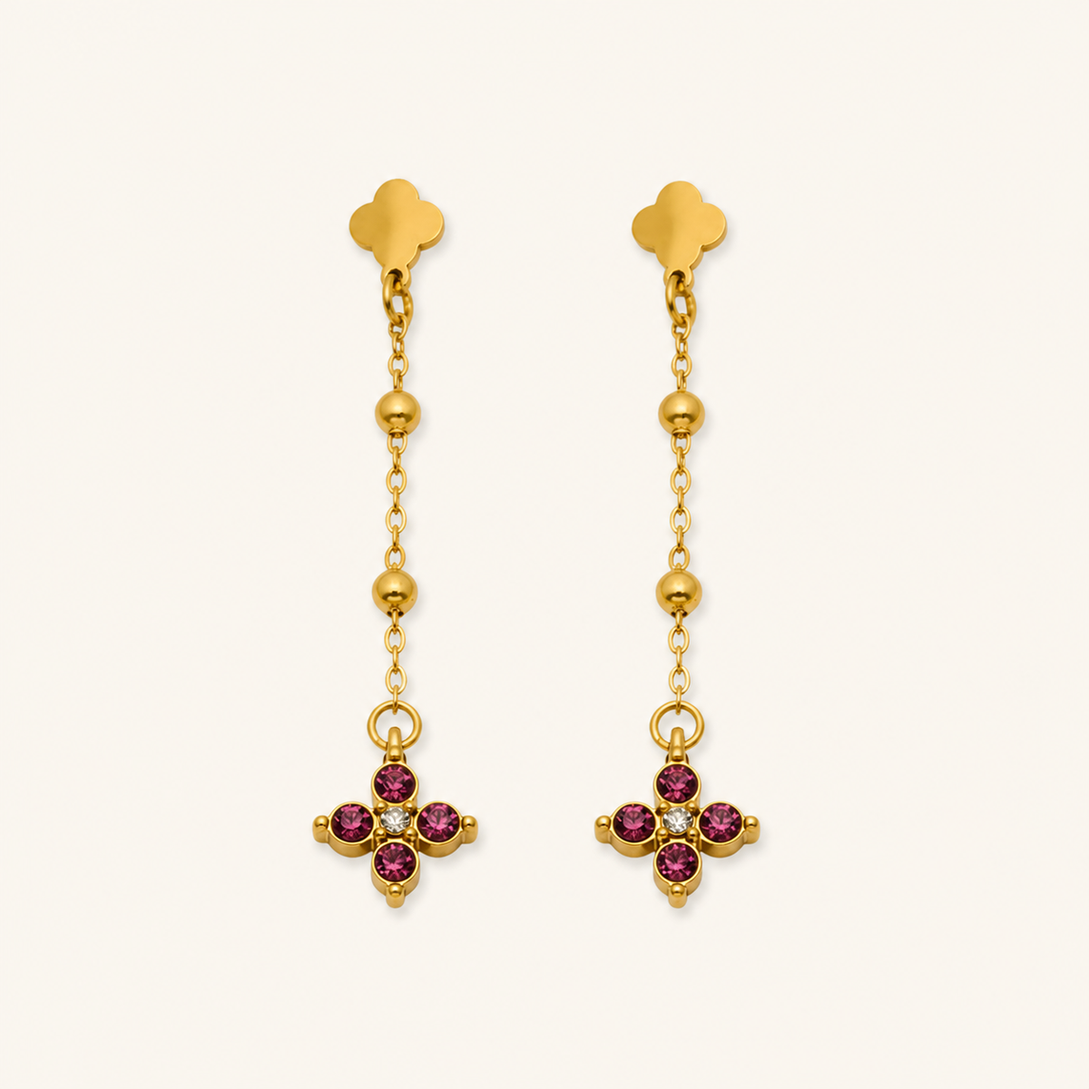 Clover Cascade Earrings in Burgundy Red and Gold