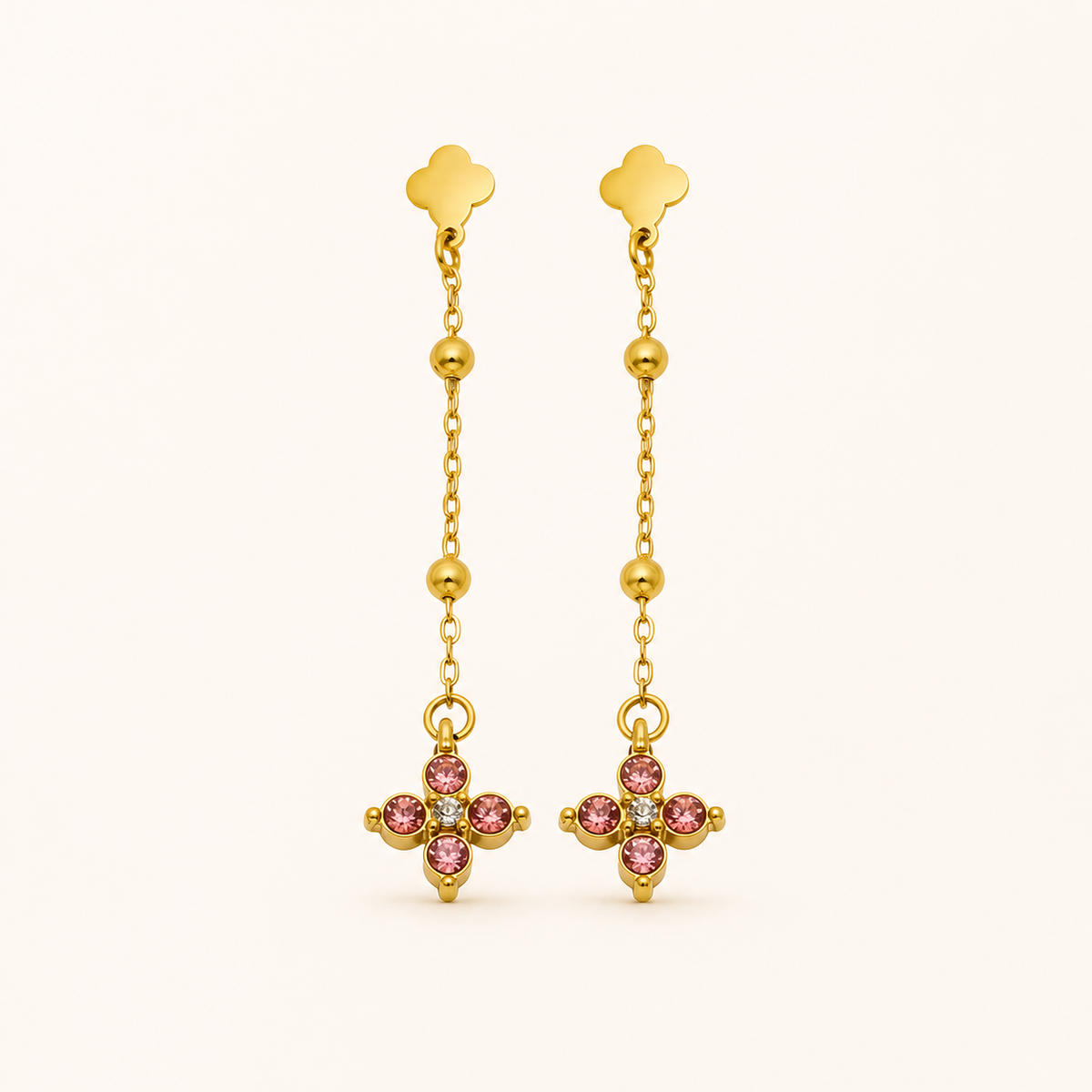 Clover Cascade Earrings in Light Burgundy Red and Gold