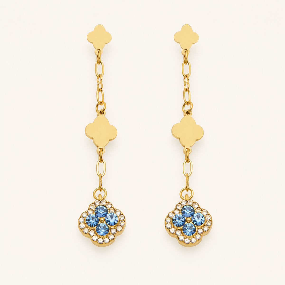Clover Crystal Drop Earrings — Blue / Gold