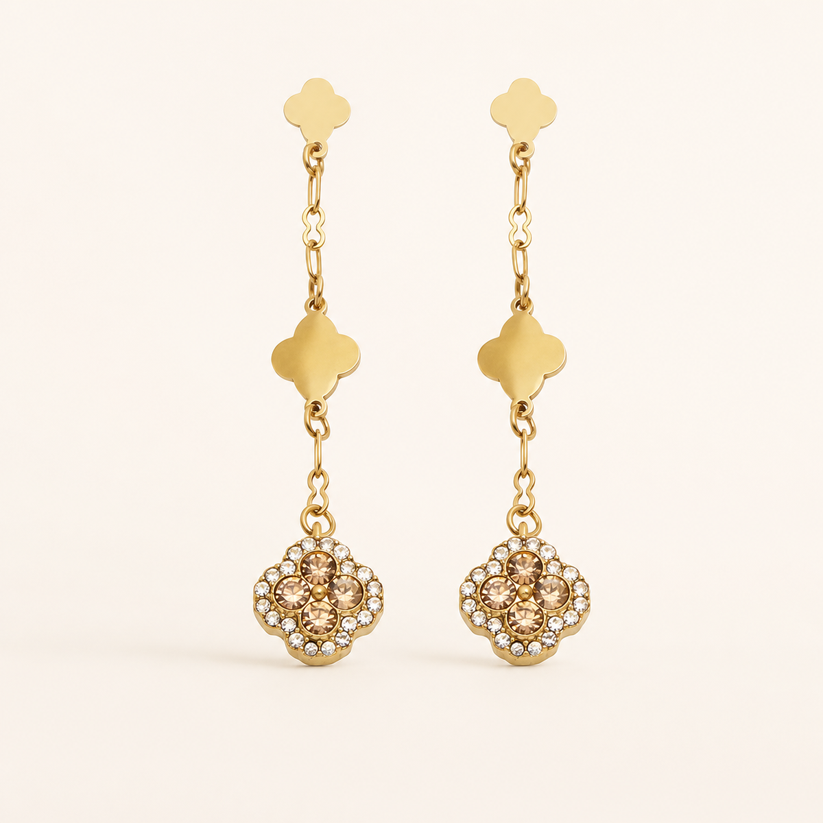 Clover Crystal Drop Earrings — Champagne / Gold