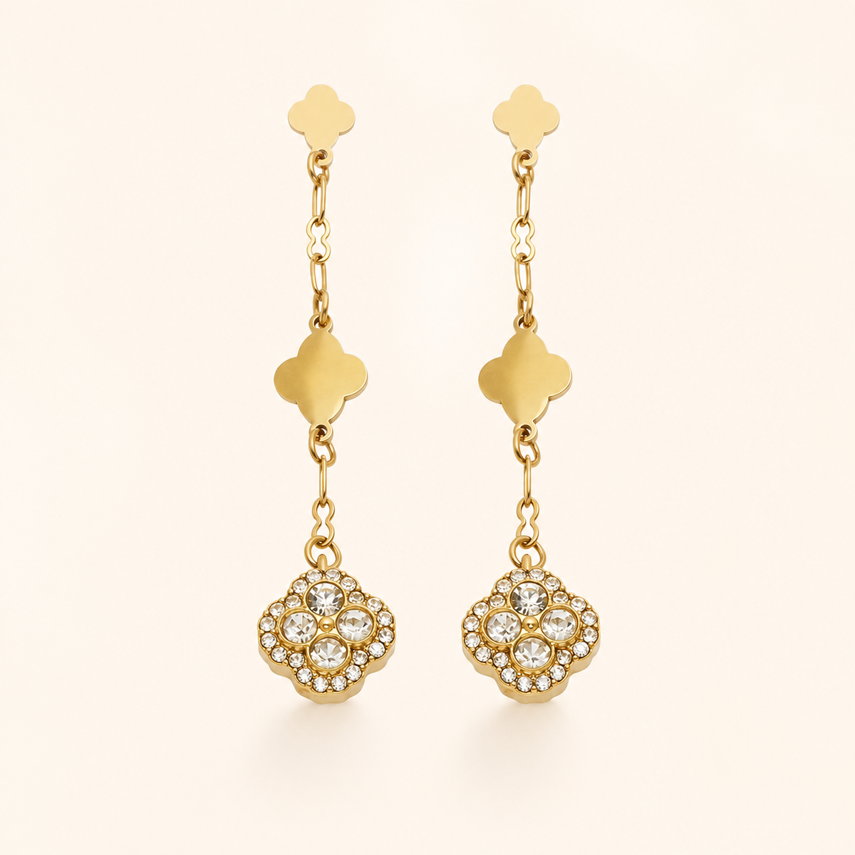 Clover Crystal Drop Earrings — White / Gold