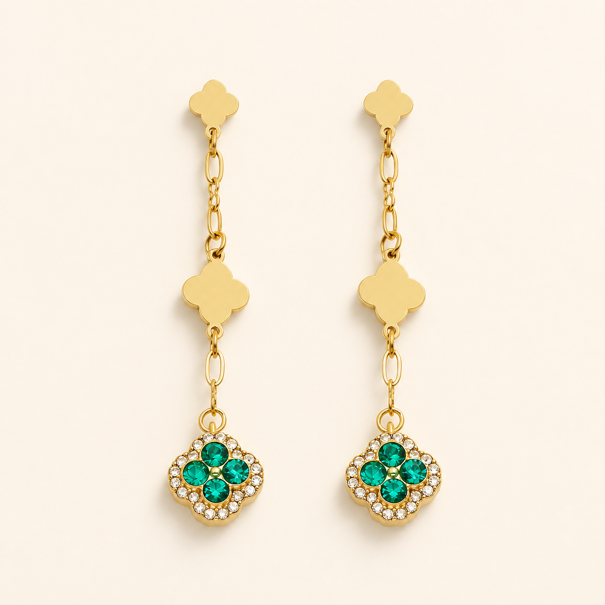 Clover Crystal Drop Earrings — Green / Gold