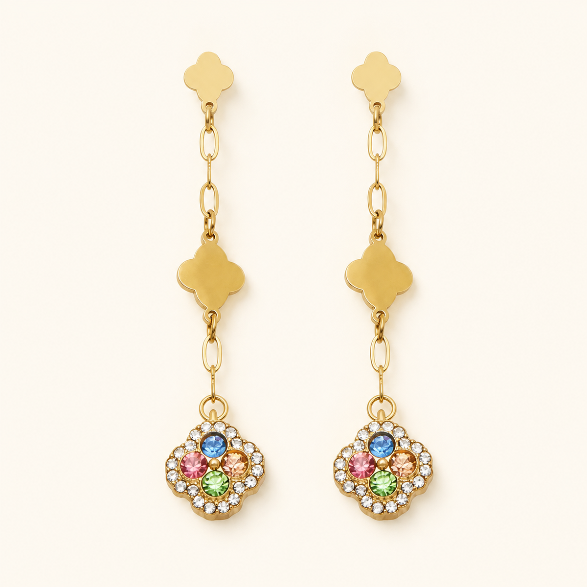 Clover Crystal Drop Earrings — Multicolor / Gold