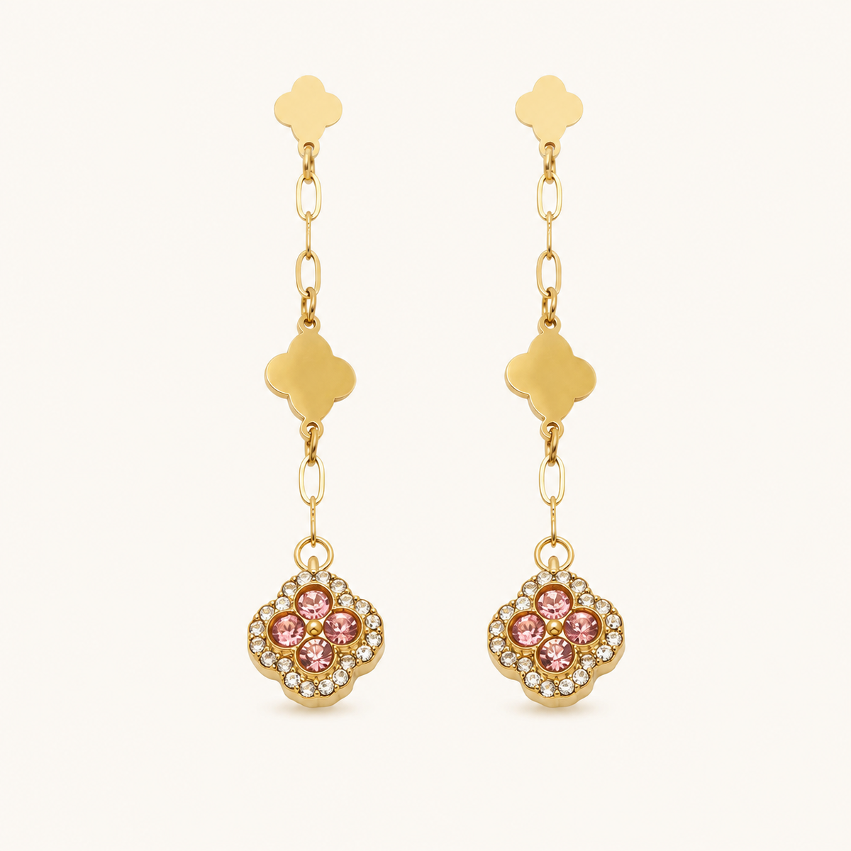 Clover Crystal Drop Earrings — Pink / Gold