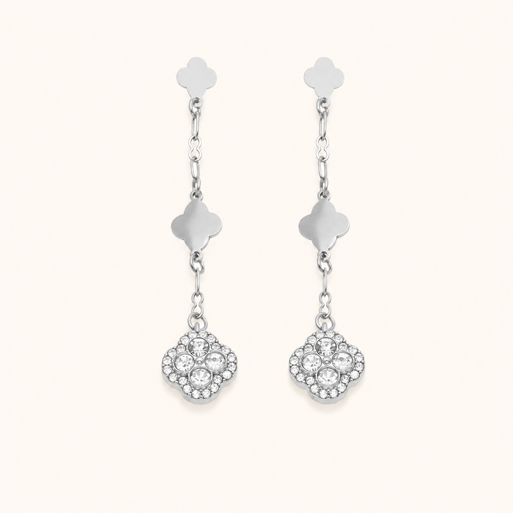 Clover Crystal Drop Earrings — White / Silver