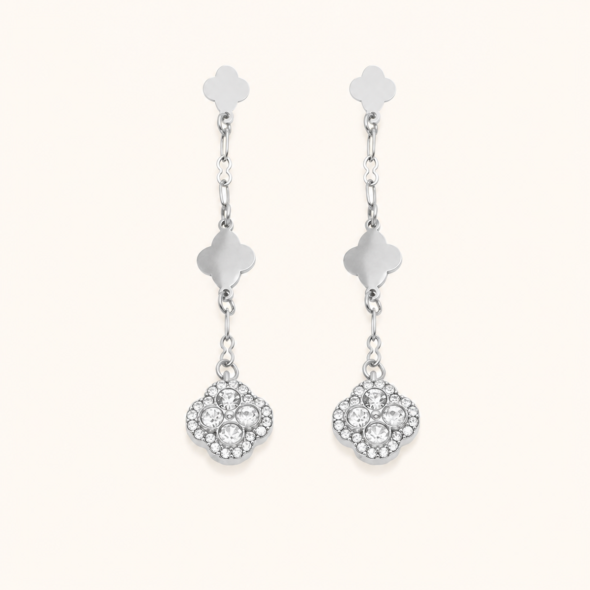 Clover Crystal Drop Earrings — White / Silver