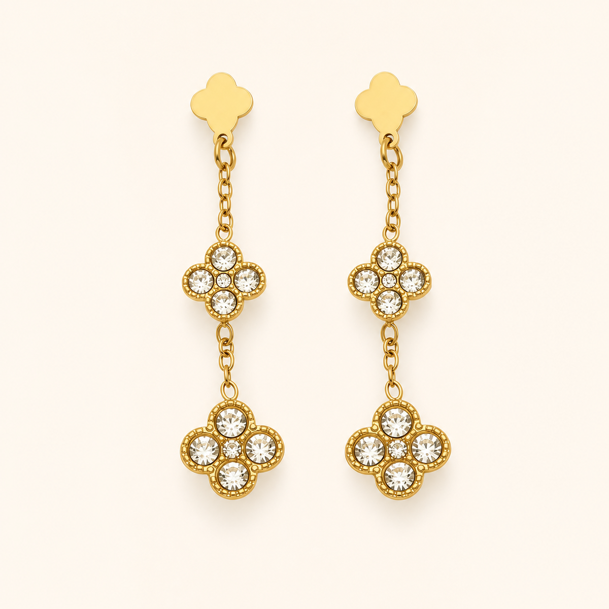 Clover Glow Zircon Earrings — white crystals, gold