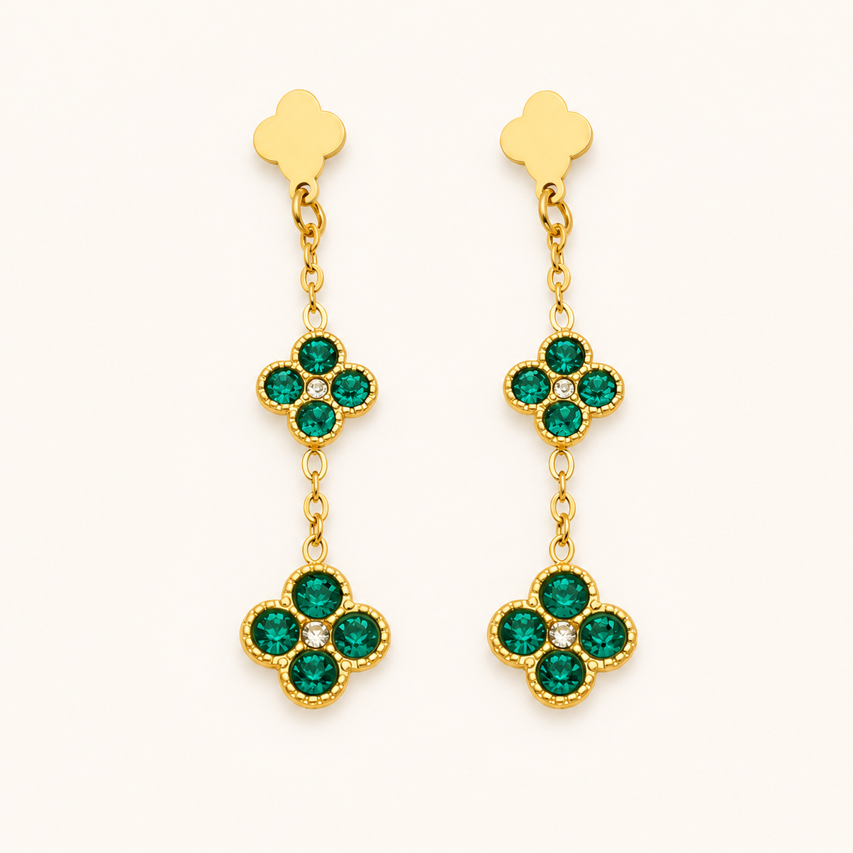 Clover Glow Zircon Earrings — green crystals, gold