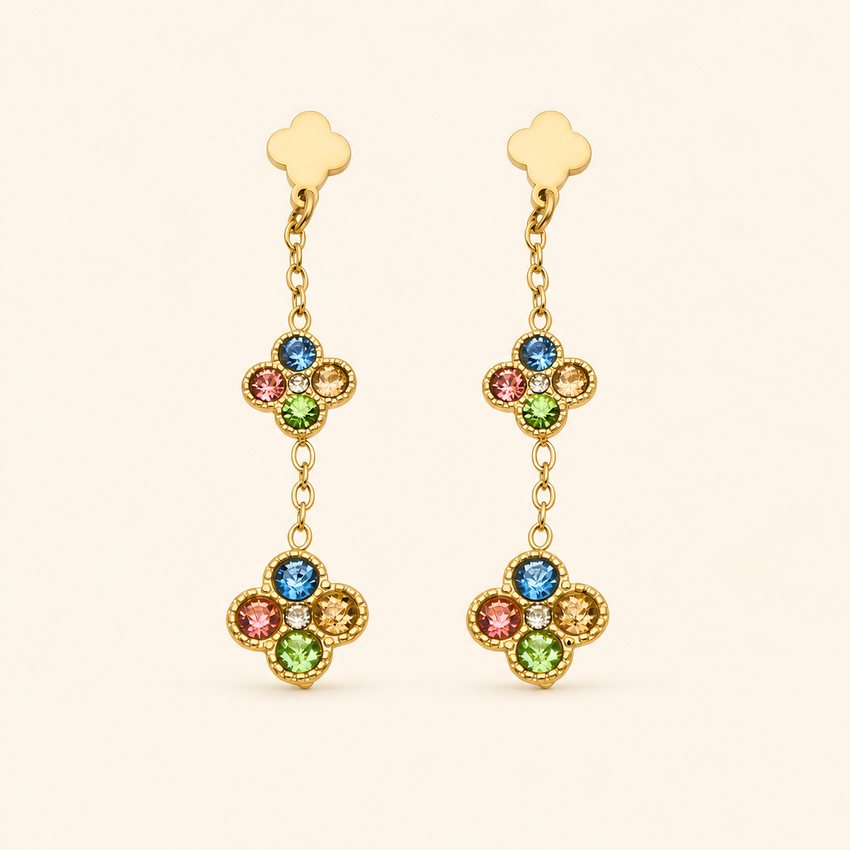 Clover Glow Zircon Earrings — multicolor crystals, gold