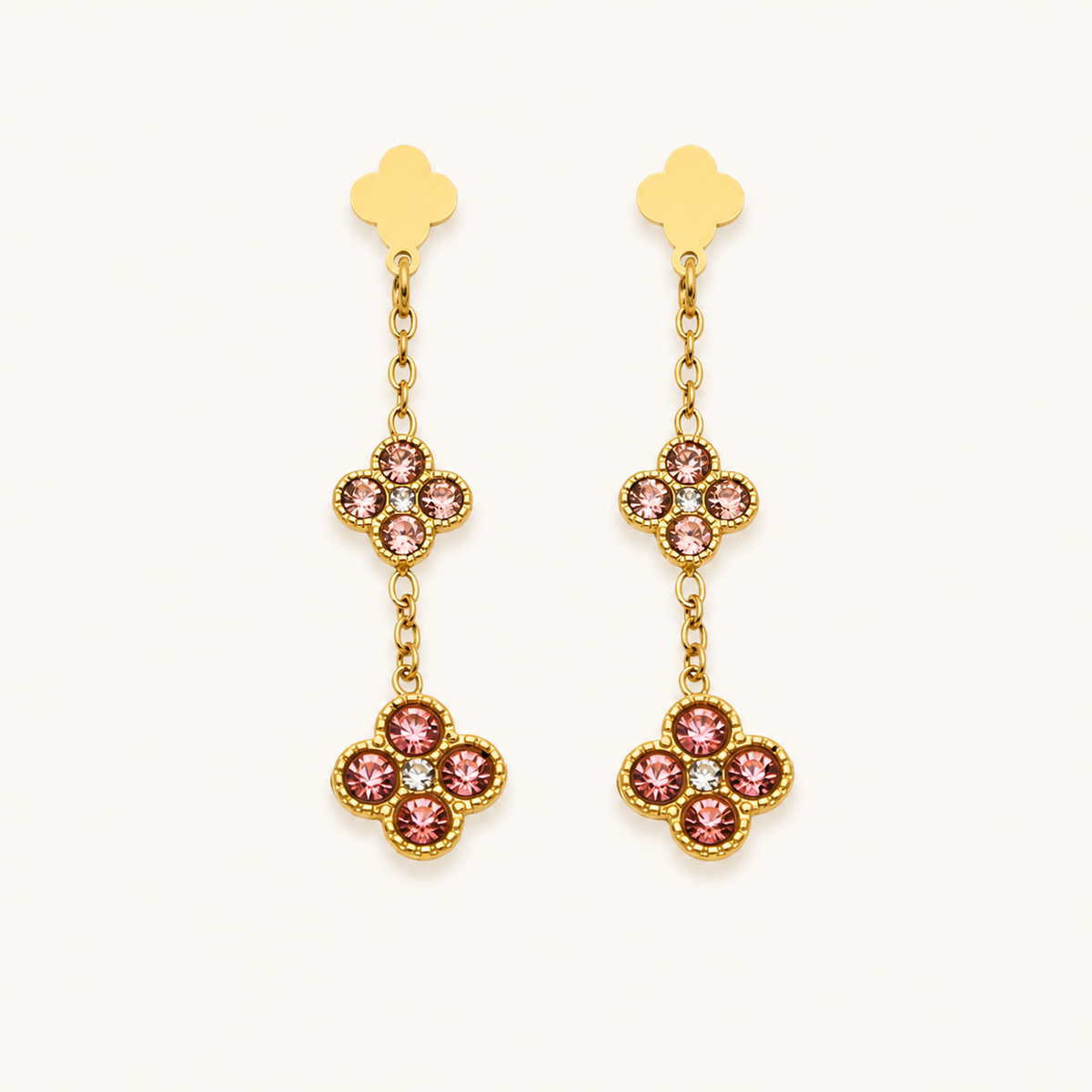 Clover Glow Zircon Earrings — pink crystals, gold