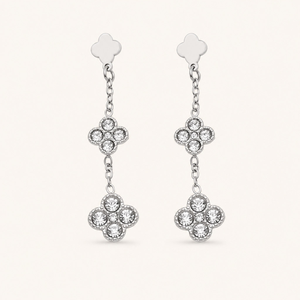 Clover Glow Zircon Earrings — white crystals, silver