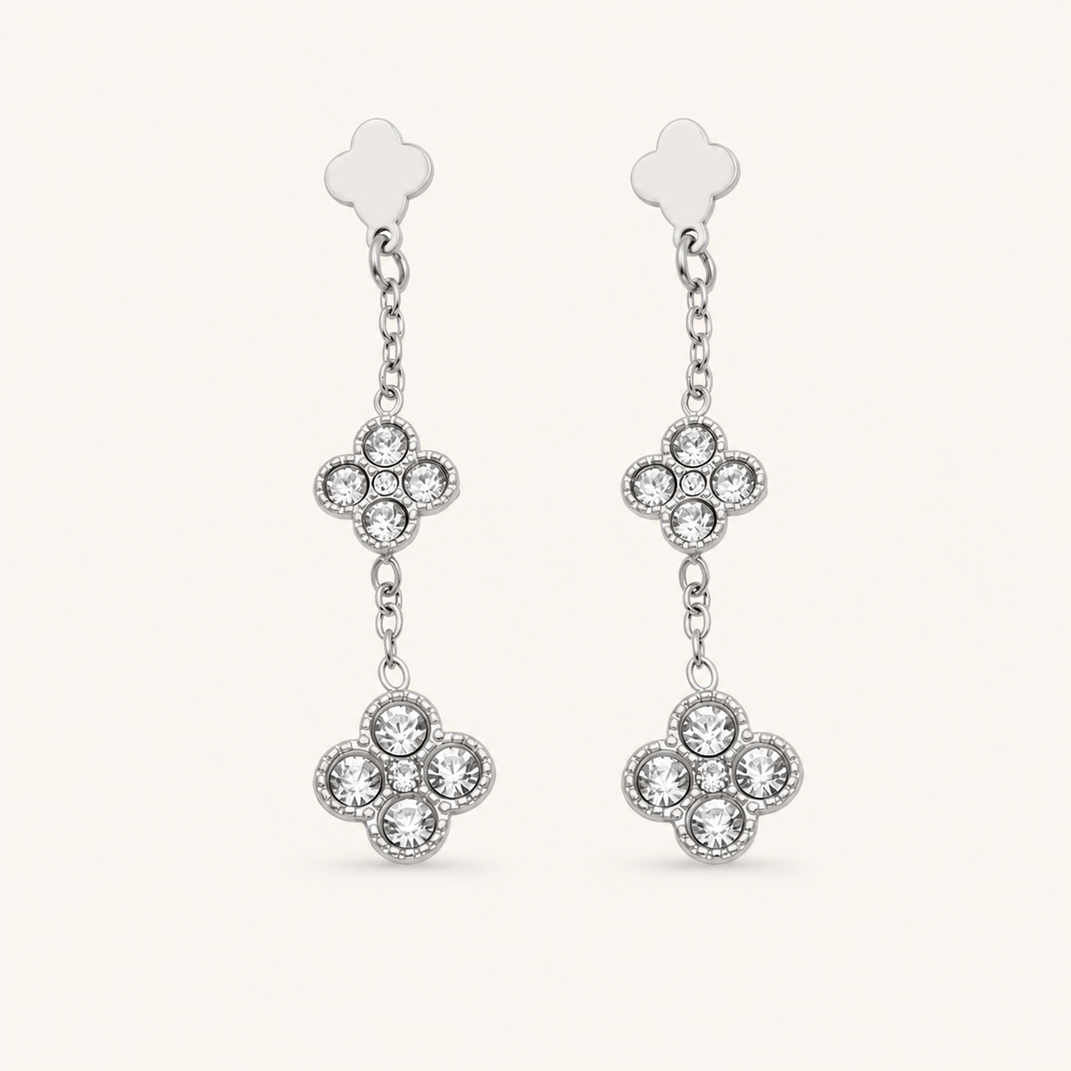 Clover Glow Zircon Earrings — white crystals, silver