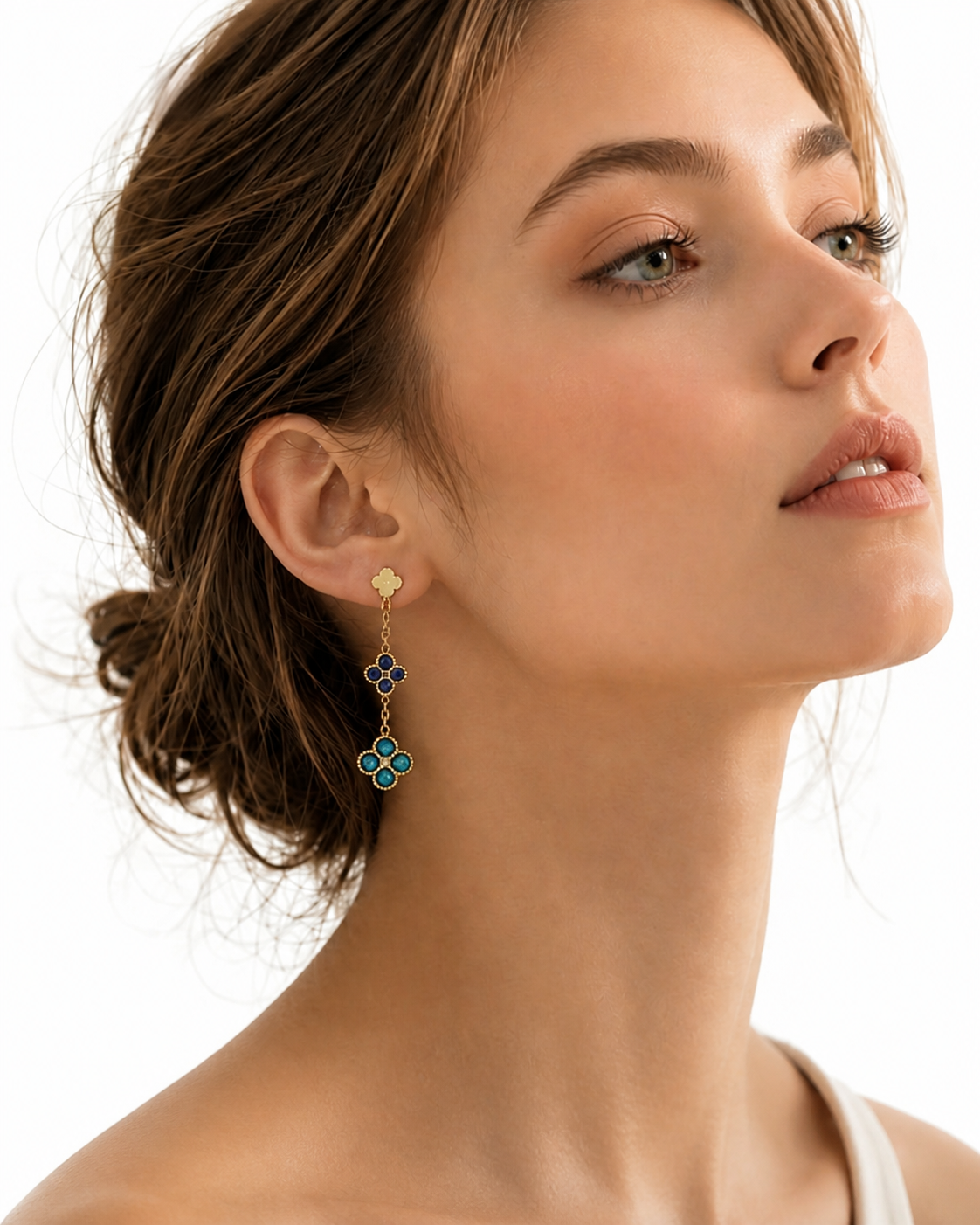 Clover Glow Zircon Earrings worn by a model