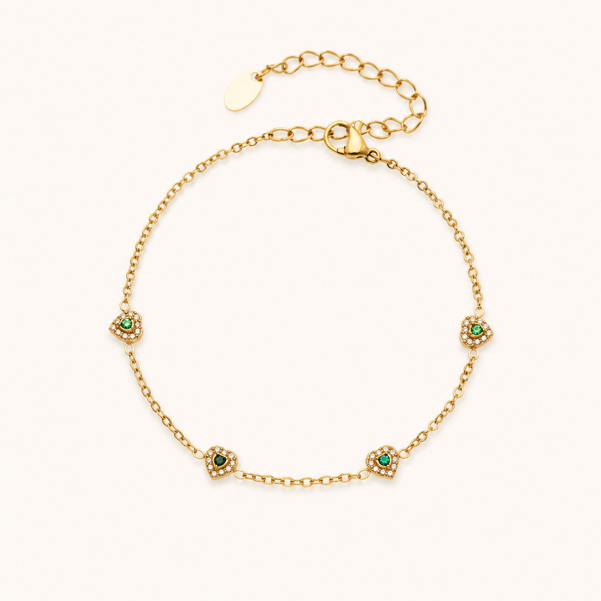 Color of Love heart bracelet — green stones, gold