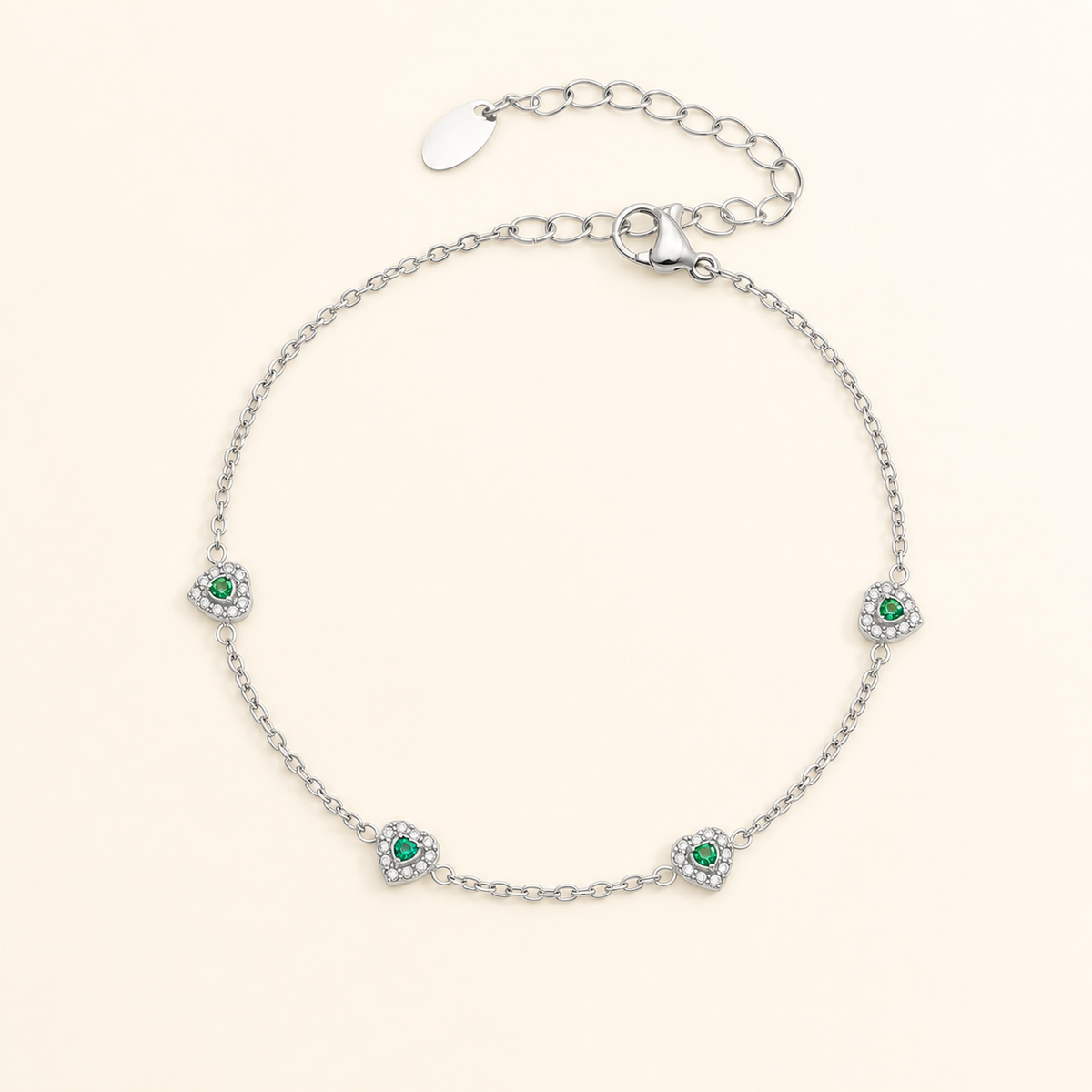 Color of Love heart bracelet — green stones, silver