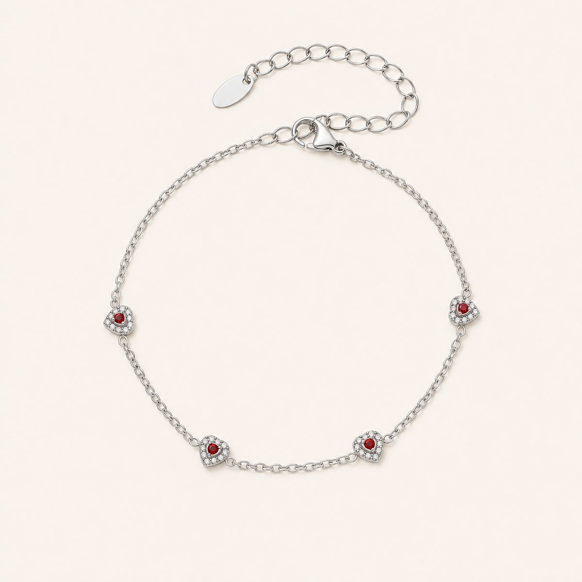 Color of Love heart bracelet — red stones, silver