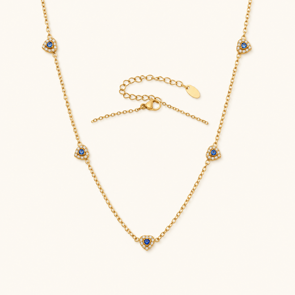 Color of Love heart necklace — blue stones, gold