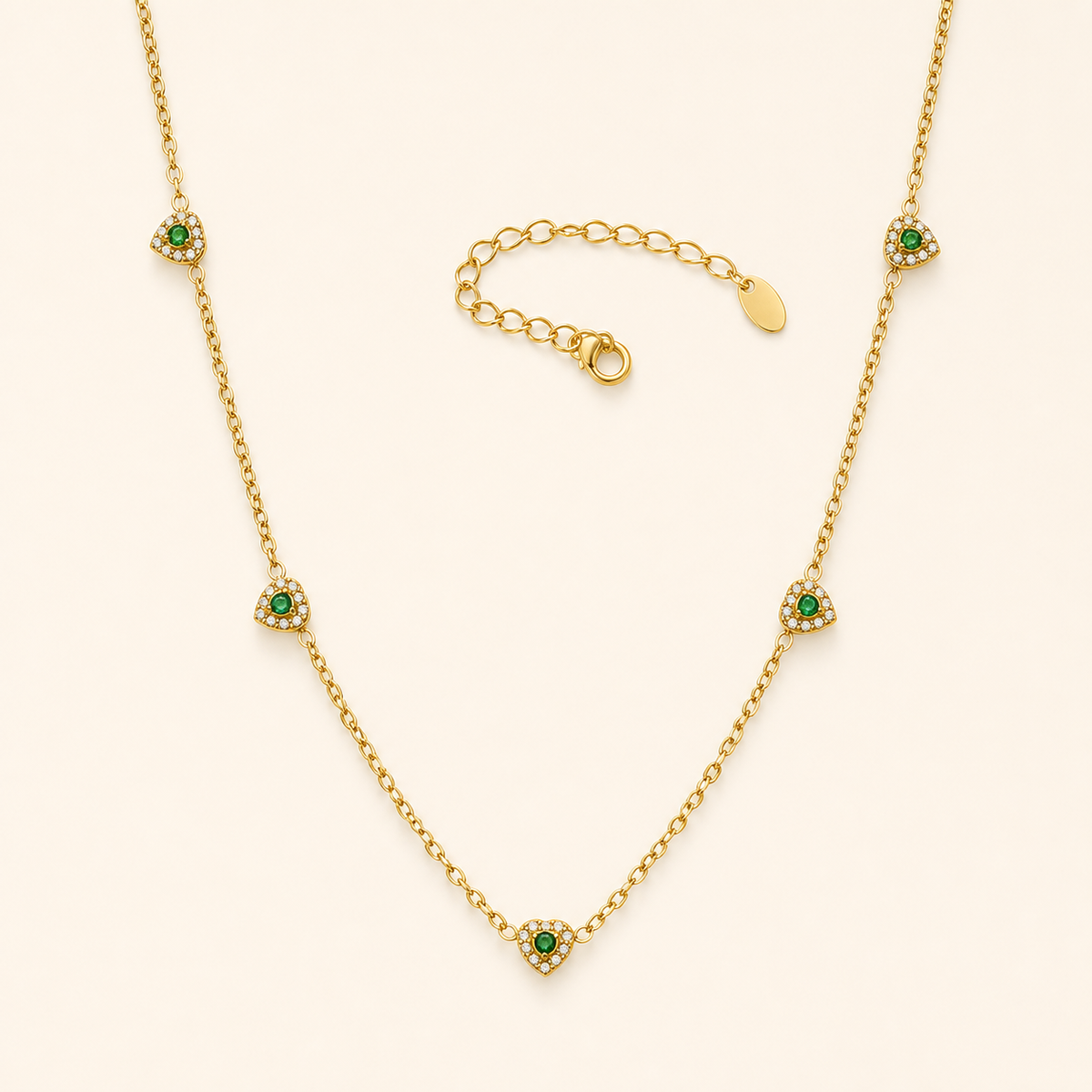 Color of Love heart necklace — green stones, gold