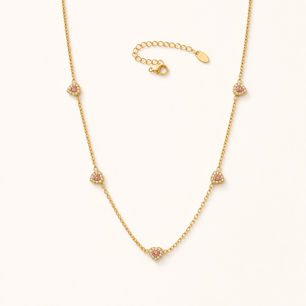 Color of Love heart necklace — pink stones, gold