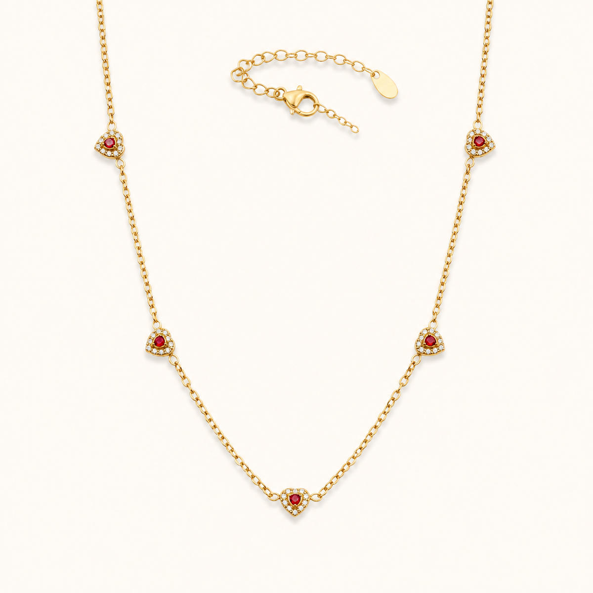 Color of Love heart necklace — red stones, gold