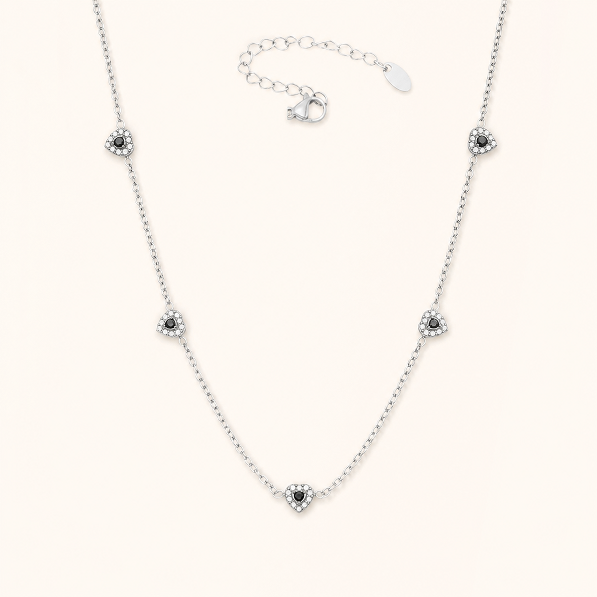 Color of Love heart necklace — black stones, silver