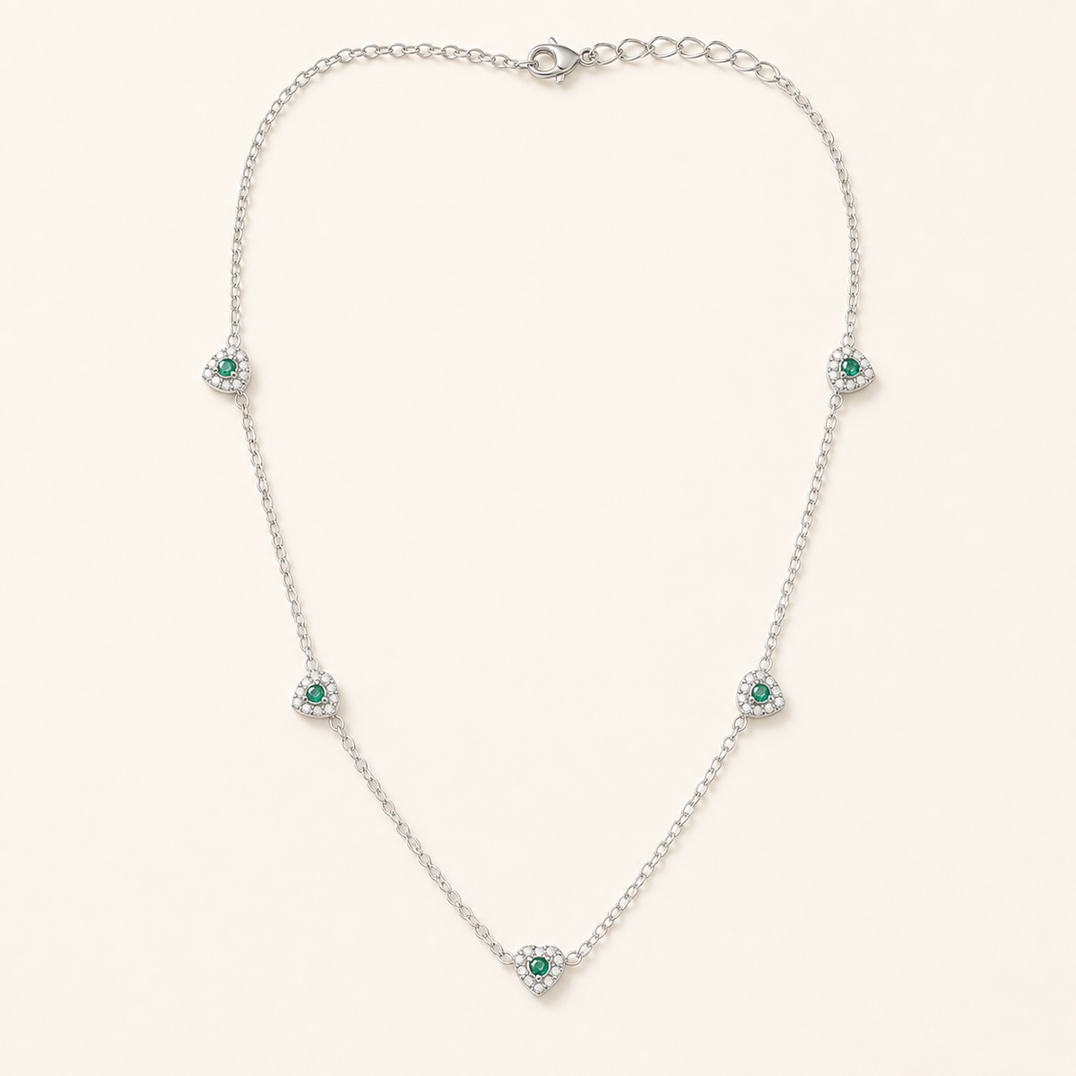 Color of Love heart necklace — green stones, silver