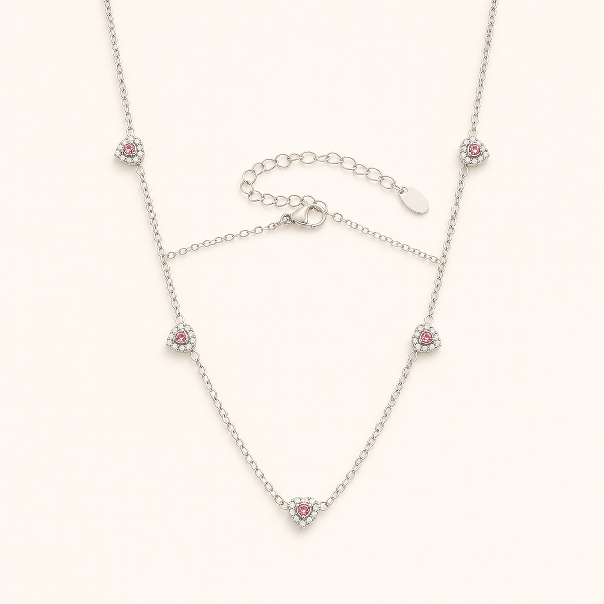 Color of Love heart necklace — pink stones, silver