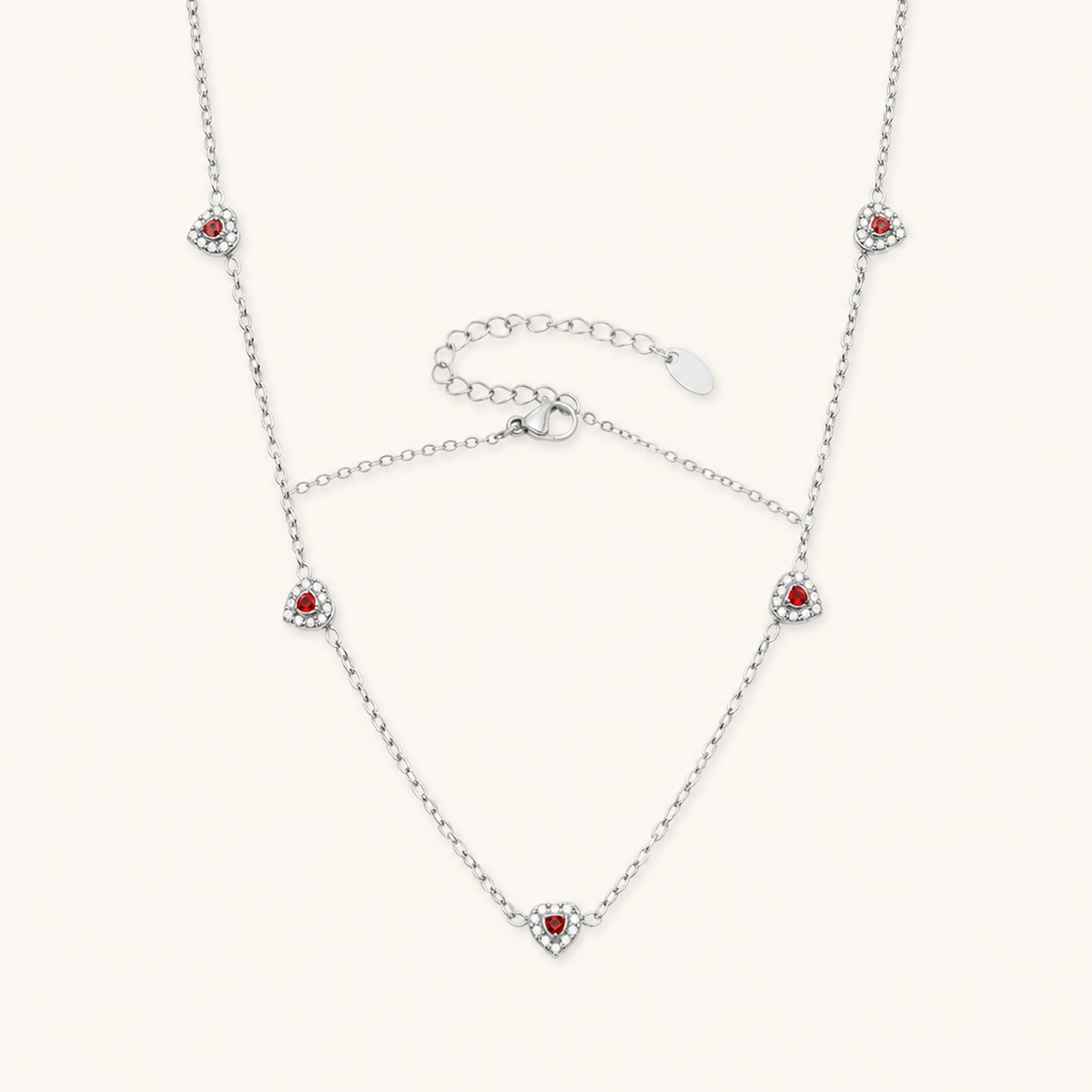 Color of Love heart necklace — red stones, silver