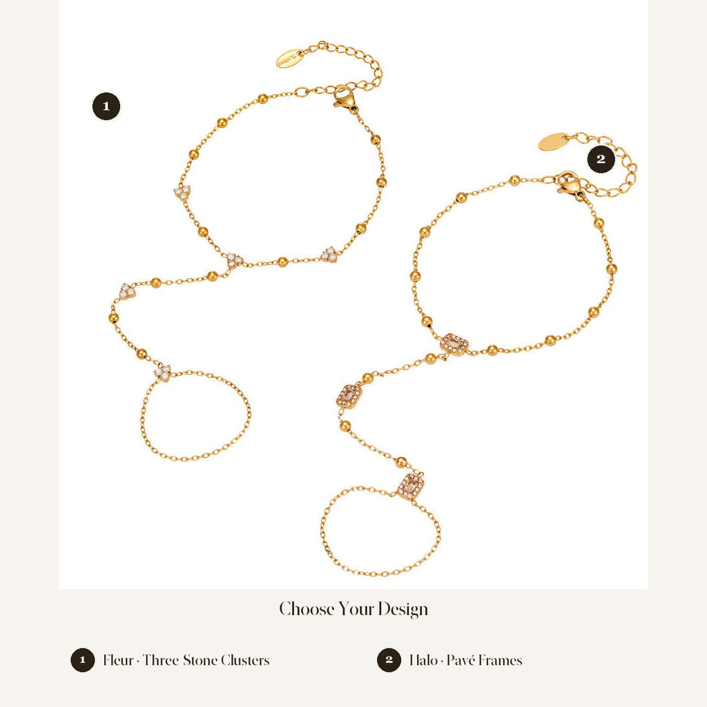 Choose Your Design: Fleur Three-Stone and Halo Pavé Frame hand chains