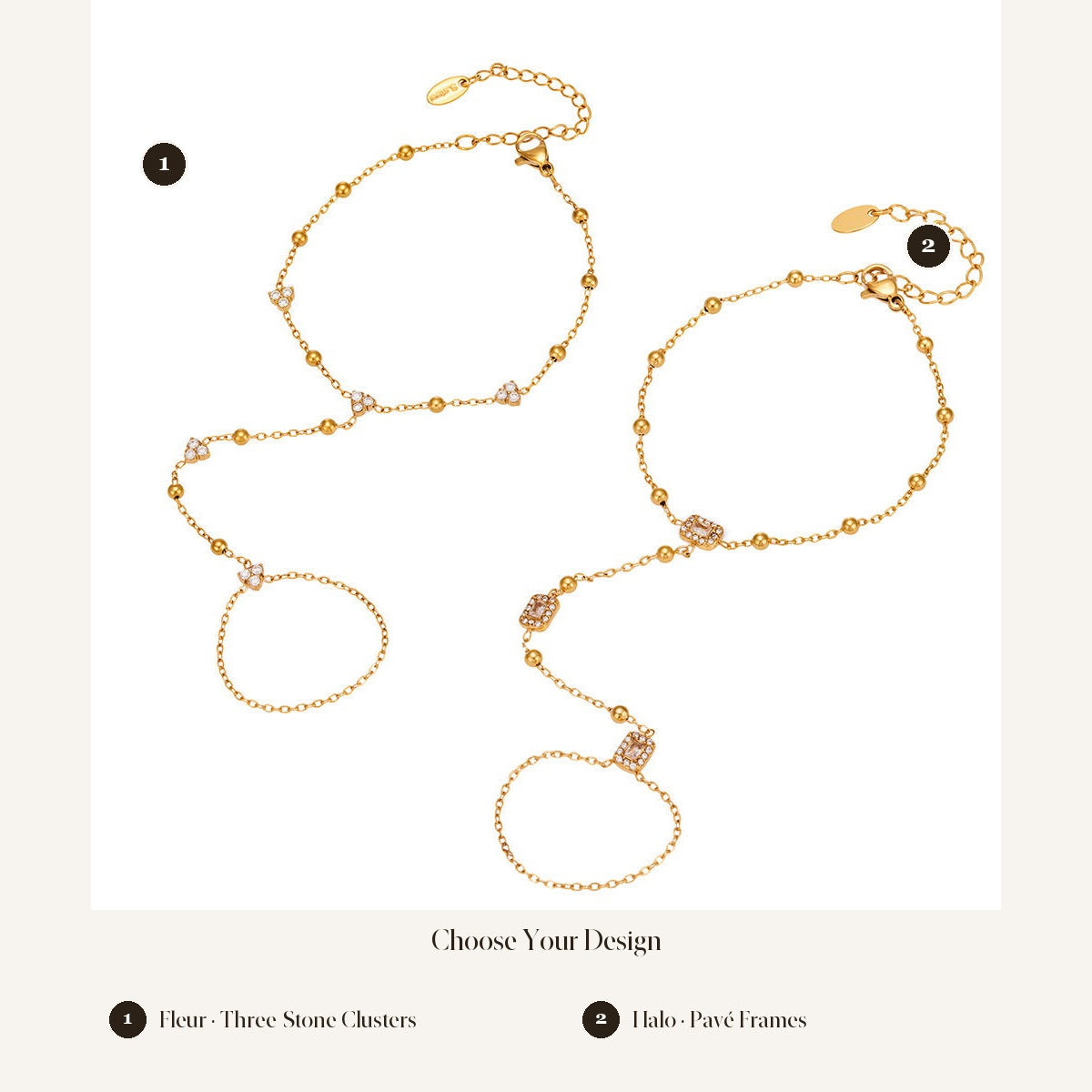 Choose Your Design: Fleur Three-Stone and Halo Pavé Frame hand chains