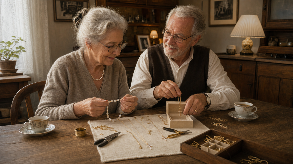 Grace and Henry making meaningful jewelry together at their dining table