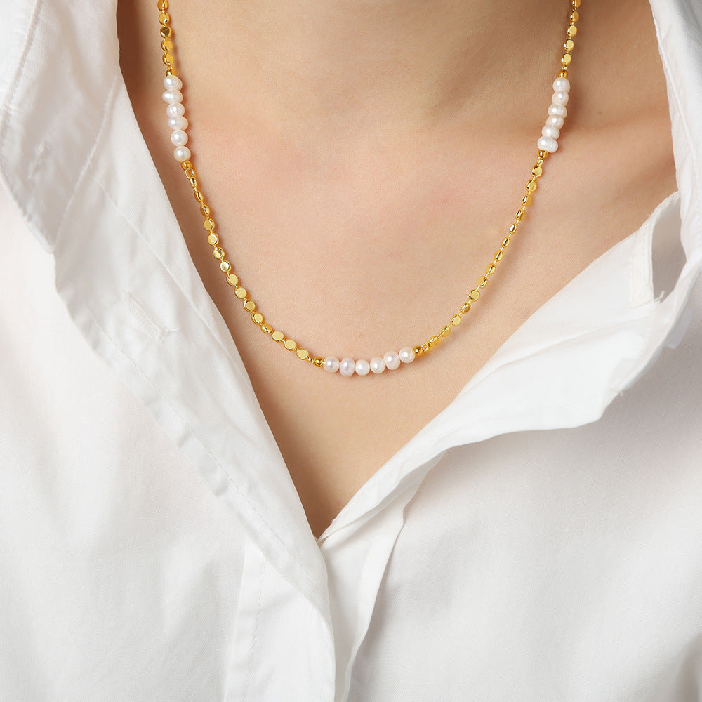 Pearl Whisper Necklace worn by a model — Carried in Grace