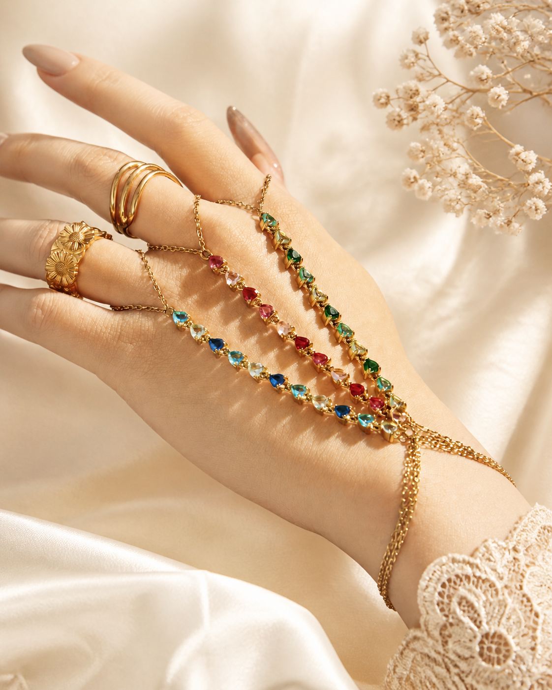 Prism Birthstone Hand Chain worn by a model