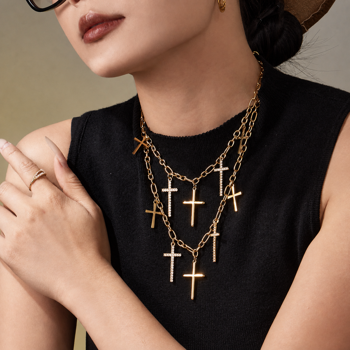 Vintage Five Cross Necklace worn by a model — Carried in Grace