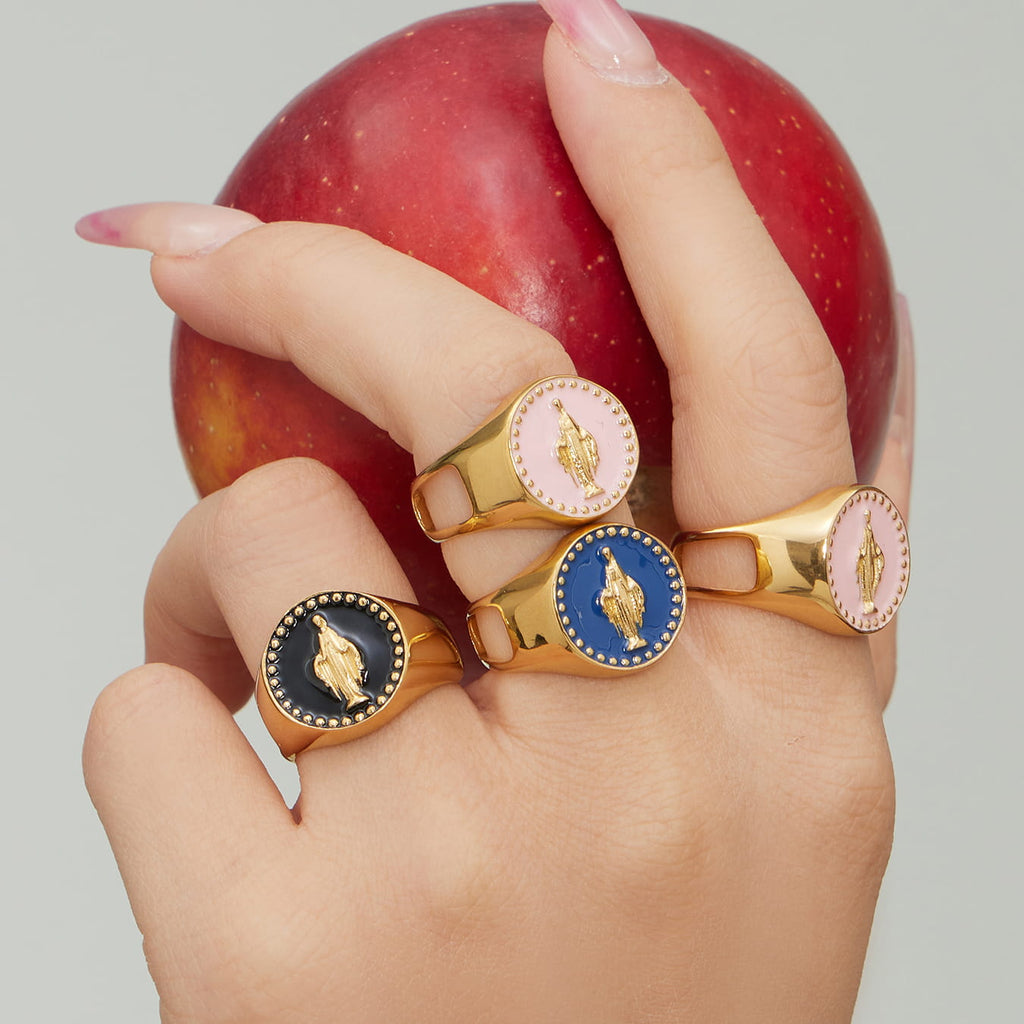 Model wearing Virgin Mary Enamel Signet Rings